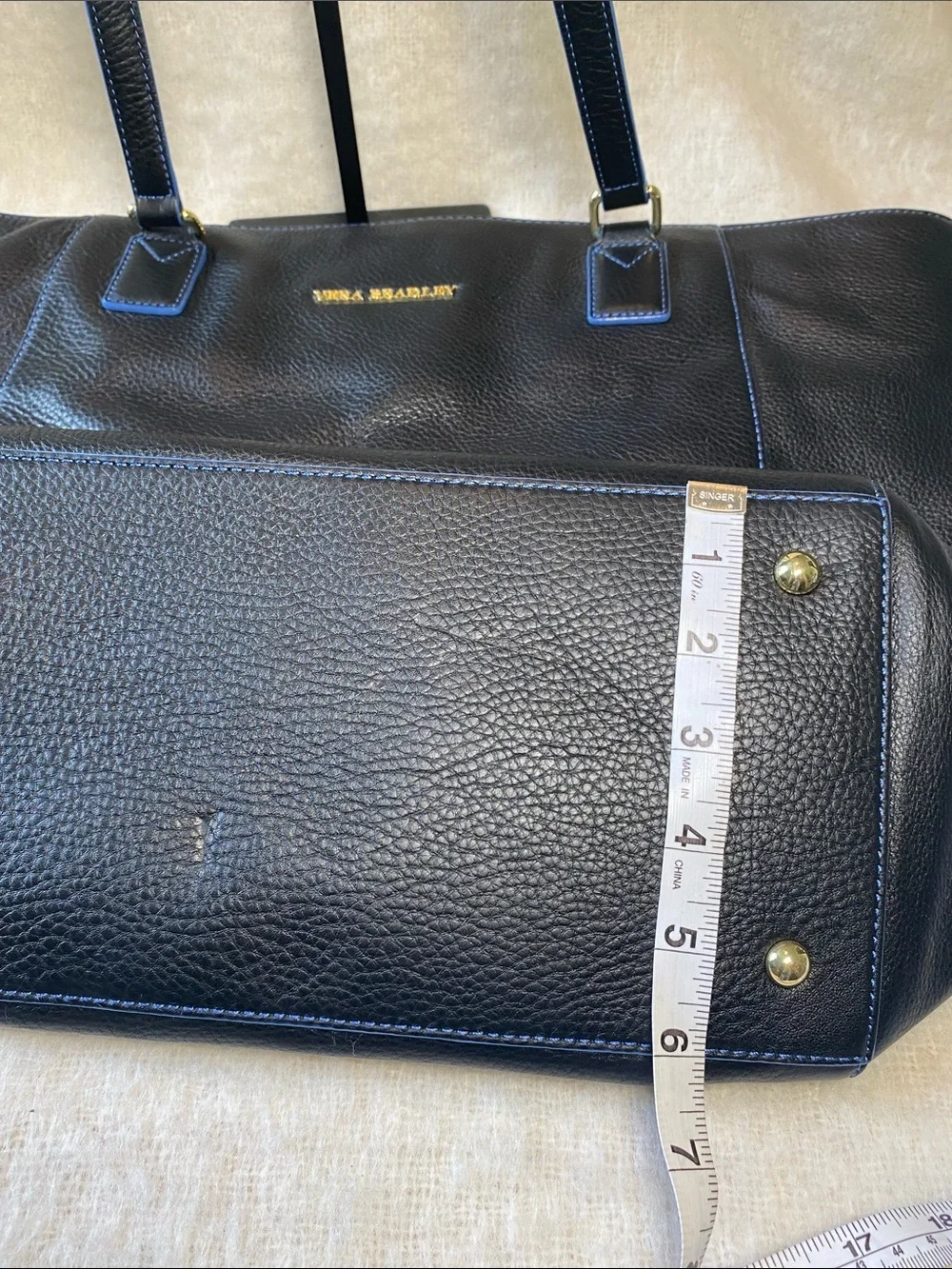 Vera Bradley Black Leather Tote with Blue Trim and Gold Logo
